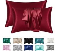 2 Pack Satin Pillowcase for Hair and Skin - Silky Soft Silk Pillow Cases with Envelope Closure, Standard Queen Size, Black Solid Color Bedroom Travel Decor Set(Red,Pack of 2 20x36 in (51x91 cm))