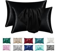 2 Pack Satin Pillowcase for Hair and Skin - Silky Soft Silk Pillow Cases with Envelope Closure, Standard Queen Size, Black Solid Color Bedroom Travel Decor Set(Black,Pack of 2 20x30 in (51x76 cm))