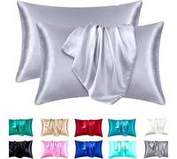 2 Pack Satin Pillowcase for Hair and Skin - Silky Soft Silk Pillow Cases with Envelope Closure, Standard Queen Size, Black Solid Color Bedroom Travel Decor Set(1gray,Pack of 2 20x30 in (51x76 cm))