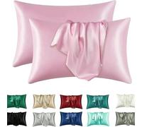 2 Pack Satin Pillowcase for Hair and Skin - Silky Soft Silk Pillow Cases with Envelope Closure, Standard Queen Size, Black Solid Color Bedroom Travel Decor Set(Pink,Pack of 2 20x30 in (51x76 cm))