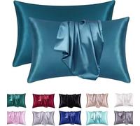 2 Pack Satin Pillowcase for Hair and Skin - Silky Soft Silk Pillow Cases with Envelope Closure, Standard Queen Size, Black Solid Color Bedroom Travel Decor Set(Blue,19x29 in (48x74 cm) Pack of 2)