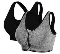 2 Pack Sujetador Deportivo Mujer, Racerback Cremallera Frontal Cierre Delantero sin Aros Impacto Medio Sport Bra con Relleno (Negro Gris,M)