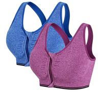 2 Pack Sujetador Deportivo Mujer, Racerback Cremallera Frontal Cierre Delantero sin Aros Impacto Medio Sport Bra con Relleno (Azul Violeta,M)