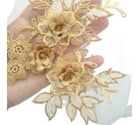 2 Pair Flower Applique Neckline Sew On Embroidery Patch DIY Wedding Evening Party Dress Decoration Accessories(Gold)