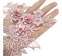 2 Pair Flower Applique Neckline Sew On Embroidery Patch DIY Wedding Evening Party Dress Decoration Accessories(Pink)