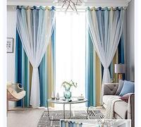 2 Paneles Cortinas Salon Modernas Translucidas con Ojales, Estrella de arco azul amarillo Cortina de Lujo Europea Bordado Tul Lino Cortinas para Salon/Dormitorio/Comedor, 2x140x240cm(AnchoxAlto)