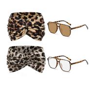 2 Pañuelos Con Estampado De Leopardo, 2 Pares De Gafas De Sol Con Estampado De Leopardo, Diseño Amplio, Complementos De Moda, Uso Diario Para Mujer.