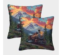 2 Paquetes 45x45cm.Tren Vintage Funda De Almohada Cuadrada Decoración del Hogar Paisaje montañoso Art con Cremallera Invisible para Sofá,Coche Y Dormitorio