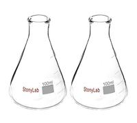 [2 paquetes] Frascos Erlenmeyer de boca estrecha StonyLab 100ml con borde para trabajo pesado - (100 ml Ajusta con el Tapón de Goma StonyLab 5#)