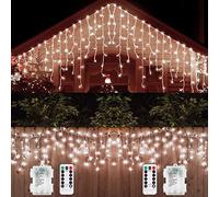 [2 paquetes] Luces LED de carámbano de Navidad que funcionan con pilas para exteriores 8pies 102 LED control remoto 8 modos luces de cadena de carámbano para jardín patio boda de Navidad (blanco frío)
