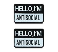 2 parches de fobia social con texto en inglés "Hello I am Antisocial", emblema bordado con gancho y bucle para ropa táctica, mochila, uniforme, chaleco, chaqueta, jeans, abrigo de hombro