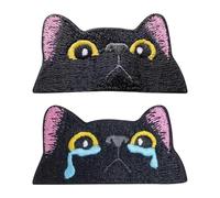 2 parches de tela con bordado de gatos, parches de gatos en la ropa, parches termoadhesivos de mezclilla negra, parches de cara de gato, parches de tela de gato