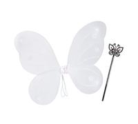 2 Pares Alas Hada Niña y Varita, Poliéster-Hierro, 37 x 49 cm, Blanco y Plateado