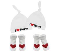 2 Pares Calcetines Bebe y 2 Piezas I Love Mama and I Love Papa Gorro de Bebé Beanie, Regalos para Bebés por 0-3 Meses Niñas Niños Sombrero de Gorro de Algodón Unisex Calcetines para Navidad Año Nuevo