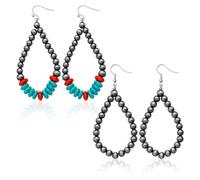 2 pares de aretes de perlas navajo, aretes de piedra turquesa con perlas occidentales, aretes de lágrima con cuentas bohemias, aretes colgantes vintage de vaquera, regalo de joyería occidental para