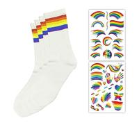 2 pares de calcetines de arco iris con 2 pegatinas de tatuaje de arcoíris, calcetines de algodón con patrón de arcoíris, calcetines casuales retro para deportes al aire libre, senderismo (blanco)