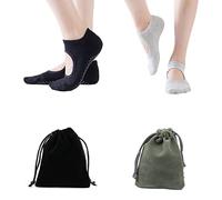 2 pares de calcetines de yoga antideslizantes con 2 bolsas con cordón, calcetines de algodón para pilates, calcetines de gimnasio con empeine abierto,trampolín (negro, gris)