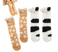 2 Pares De Calcetines Lindos De Animales, Calcetines De Jirafa, Calcetines De Vaca, Calcetines Cálidos Para El Hogar, Calcetines De Media Pantorrilla De Terciopelo Coral