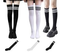 2 pares de calcetines por encima de la rodilla, con 1 par de calcetines de pantorrilla, calcetines a rayas para mujer, calcetines elásticos de algodón de tubo alto, accesorios de juego de rol
