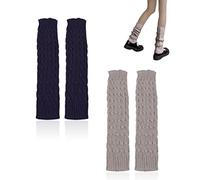 2 Pares de Calentadores de Piernas de Punto, Calcetines Hasta la Rodilla de Pierna Alta, Calentadores de Piernas Cálidos y Largos (Azul Marino + Gris Claro)