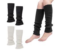 2 Pares de Calentadores de Piernas de Punto de Invierno, Leggings de Lana, Guantes Elásticos para Piernas en Blanco y Negro, Medias de 40 cm, Adecuadas para Otoño e Invierno