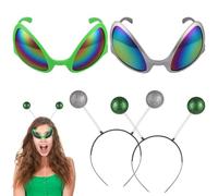 2 pares de diademas de antena alienígena y lentes de sol de arco iris, disfraz de alienígena para cosplay, recuerdos de fiesta para adultos, juego verde y plateado