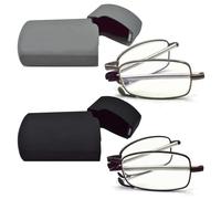 2 pares de gafas de lectura con bloqueo de luz azul anti-UV, compactas plegables, unisex, para lectura, con funda de lectura incluida, Hierro fundido negro y rojo, Set de 6 piezas