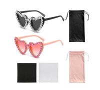 2 pares de gafas de sol en forma de corazón con pedrería, sol en forma de corazón de diamante, gafas de sol de moda retro transparentes en forma de corazón de diamante (rosa, negro)150 * 145 * 57mm