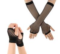2 pares de guantes de malla sin dedos, guantes de red largos de neón sin dedos, guantes cortos de red, guantes de malla, mangas de brazo de red de pescado, accesorios de disfraz de cosplay de los años