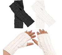 2 pares de guantes sin dedos para mujer, guantes sin dedos para mujer, guantes sin dedos, guantes cálidos de invierno para mujer, guantes clásicos de punto para calentar la muñeca (negro+blanco)