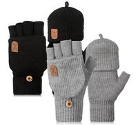 2 Pares de Mitones sin Dedos de Mujer Convertibles Guantes Térmicos de Medio Dedo de Punto (Negro Clásico, Gris Clásico)