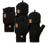 2 Pares de Mitones sin Dedos de Mujer Convertibles Guantes Térmicos de Medio Dedo de Punto (Negro Intenso)