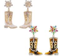 2 pares de pendientes de bota de vaquero occidental para mujeres, leopardo y diamantes de imitación blancos-Pendientes de vaquera con incrustaciones, declaración occidental y joyería de fiesta