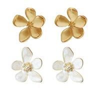 2 Pares de Pendientes de Flores de Cinco Pétalos y Bolas - Blancos y Dorados para Mujer