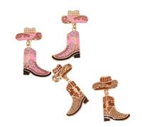 2 pares de pendientes de sombrero de vaquero occidental y bota de color rosa y marrón para mujer, joyería de rodeo Boho con incrustaciones de diamantes de imitación, accesorios de uso diario