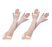 2 Pares guantes de red sin dedos, guantes largos de red, guantes de malla de nylon elástico para las mujeres 80's Themed Party, Halloween Cosplay (Blanco)