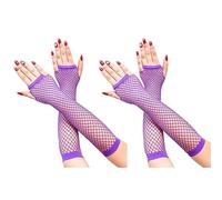 2 Pares guantes de red sin dedos, guantes largos de red, guantes de malla de nylon elástico para las mujeres 80's Themed Party, Halloween Cosplay (Púrpura)