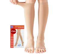 2 Pares Medias de Compresión Mujer y Hmbre Médicas Circulacion, 20-30 mmHg Clase 2, Calcetines Compresion con Punta Abierta para Varices, Edema, Vuelo (2x Beige, L)