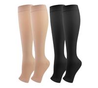 2 Pares Medias de Compresión Mujer y Hmbre Médicas Circulacion, 20-30 mmHg Clase 2, Calcetines Compresion con Punta Abierta para Varices, Edema, Vuelo (Negro+Beige, M)