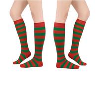 2 Pares Medias de Rayas Rallas Lisos Largos hasta Muslo para Niña Niños, Leotardos Pantimedias Enteras Elasticos, Leggin y Media para Disfraz de Miercoles y Carnaval (Rojo y Verde Rayas)