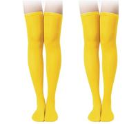 2 Pares Medias de Rayas Rallas Lisos Largos hasta Muslo para Niña Niños, Leotardos Pantimedias Enteras Elasticos, Leggin y Media para Disfraz de Miercoles y Carnaval (Amarillas Lisas)