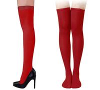 2 Pares Medias Lisas hasta Muslo, Panties Panty Leggin Leotardo encima de la Rodillade Rayas para Mujer Adulta, Medias Elastico de Microfibra Semiopacas (Rojo)