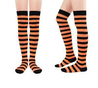 2 Pares Medias Rayas Ralla hasta Muslo, Panties Panty Leggin Leotardo encima de la Rodillade Rayas para Mujer Adulta, Medias Elastico de Microfibra Semiopacas (Naranjo y Negro Ralla)