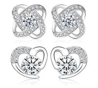 2 Pares Pendientes Mujer, Pendientes Flor, Forma Corazón, Redondos Pequeños Circonita Pendientes, Quilates Bonitos Pendientes, Hipoalergénicos Regalos Niñas, Joyas para Mujer (Plata)