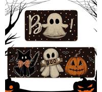 2 Pc Halloween Pumpkin Carpet, Spooky Ghosts Rug, Halloween Soft Shower Mat, Festive Non Slip Halloween Carpet, Ghost Themed Floor Mat for Kitchen, Patio, Porch, and Entrance 40x60cm and 40x110cm