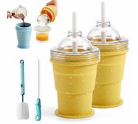 2 Pcs 2-in-1 Silicone Foldable Ice Ball Maker Cup,Portable Foldable Leakproof Travel Tumbler with Straw & Lid,Reusable Ice Sphere Mold,Easy Demolding,Coffee Cup for Picnic,Camping,Office (Yellow)