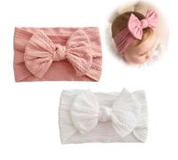 2 Pcs Baby Bandana Headband Baby Girl Nylon Headband Baby Bow Headband Soft Bow Headband Newborn Elastic Hair Band (Pink & White)