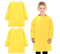 2 Pcs Bata de Pintura Niños 3-12 Años, Babero de Arte Infantil con Manga Larga Bolsillo Grande, Delantal de Chef Ajustable Niño Niña, Delantales Blusón Pintar para Cocinar Hornear (Amarillo)