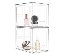 2 Pcs Cajones de Almacenamiento Apilables, 19,05x15,24x16,7 cm, Organizador de Maquillaje Transparente con 16 Alfombrilla Antideslizante, Caja Cosméticos con Tapa para Escritorio de Tocador Baño (A)