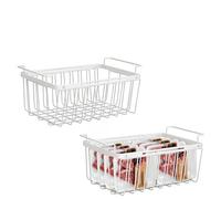 2 Pcs Cesta Arcon Congelador Extensible Cesta para Arcon Congelador con Asa | Organizadores para Congelador de Arcon Longitud Ajustable de 39 a 59,5 cm, Fácil Acceso Alimentos Congelados (Blanco)